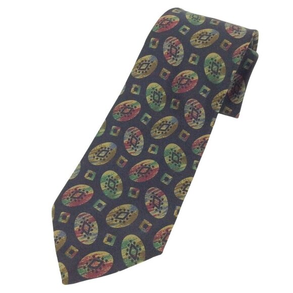 Barneys New York Silk Tie Navy Blue Abstract Oval Pattern Made In Italy - Picture 1 of 4